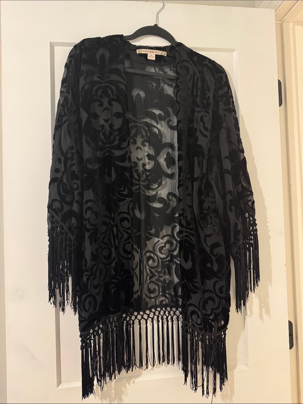 Chelsea & Violet Black Velvet Burnout Fringe Kimono
